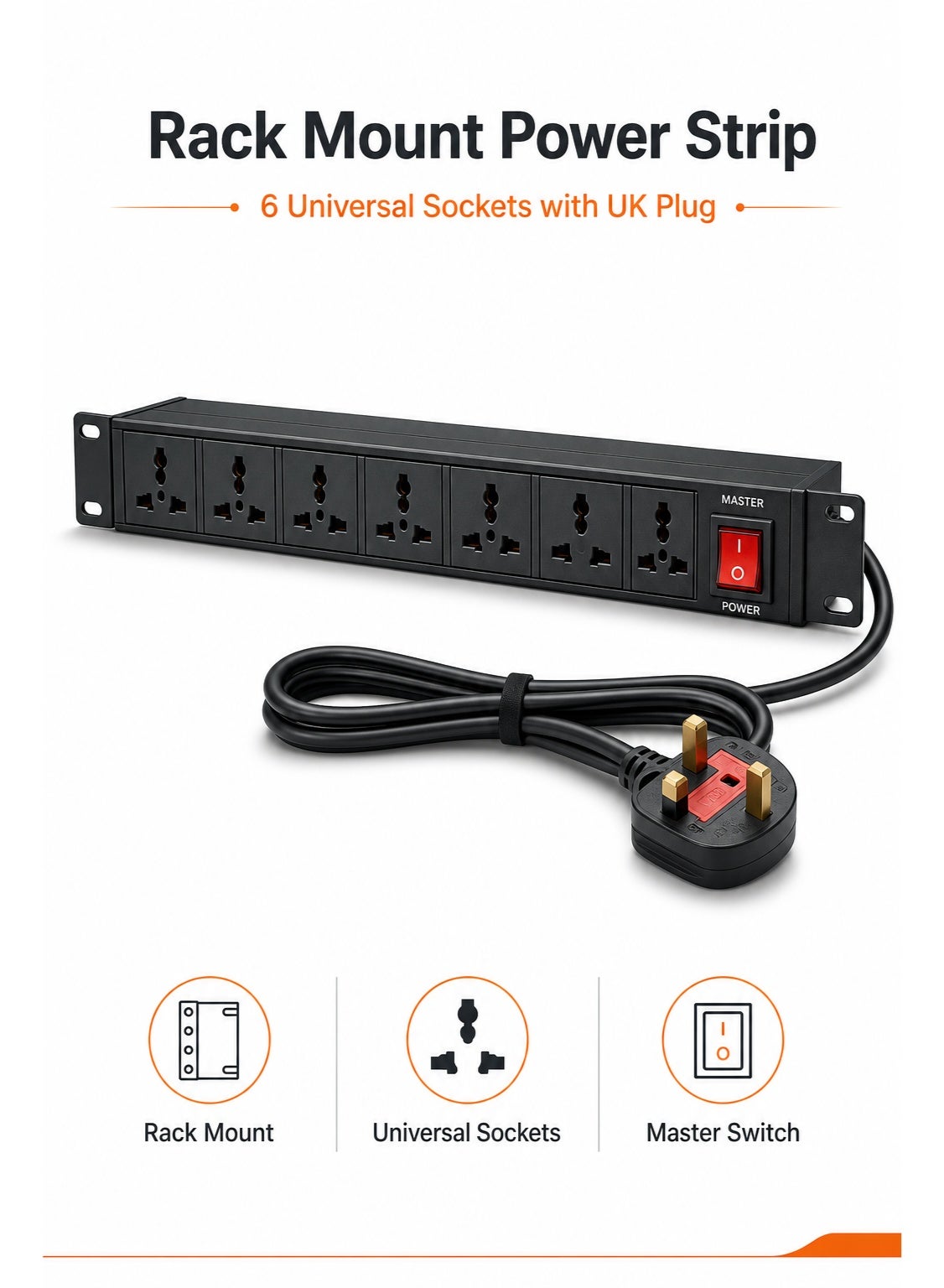 Rack Mount Power Strip 6 Way Universal Socket PDU Power Distribution Unit with UK Plug, Master Switch, Wall Mount Extension Socket for Server Rack, Office, CCTV, Network Cabinet & Workstation, Black