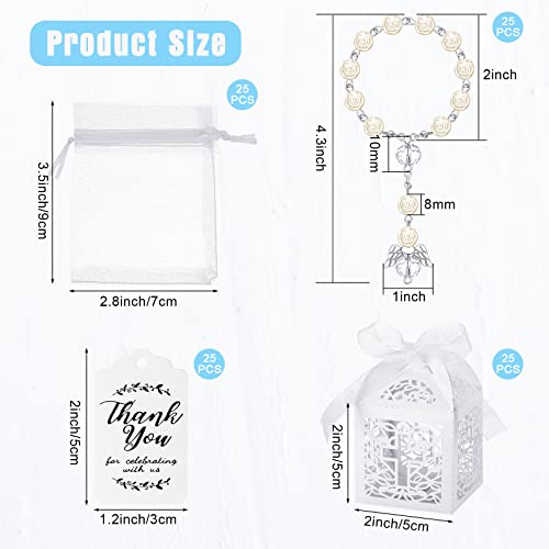 MTLEE 100 Pieces Baptism Rosary Sets Includes 25 Mini Baptism Rosary with Angel, 25 Favor Boxes, 25 Organza Bags and 25 Thank Kraft Tags for Wedding Baby Shower Decor(Silver) - Image 2