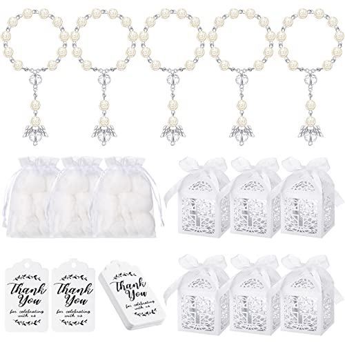 MTLEE 100 Pieces Baptism Rosary Sets Includes 25 Mini Baptism Rosary with Angel, 25 Favor Boxes, 25 Organza Bags and 25 Thank Kraft Tags for Wedding Baby Shower Decor(Silver) - Image 1
