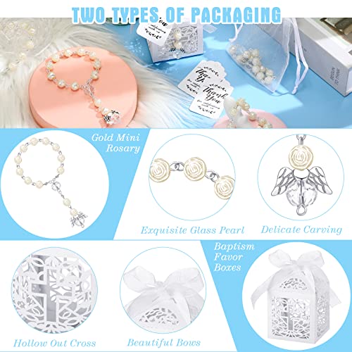 MTLEE 100 Pieces Baptism Rosary Sets Includes 25 Mini Baptism Rosary with Angel, 25 Favor Boxes, 25 Organza Bags and 25 Thank Kraft Tags for Wedding Baby Shower Decor(Silver) - Image 3