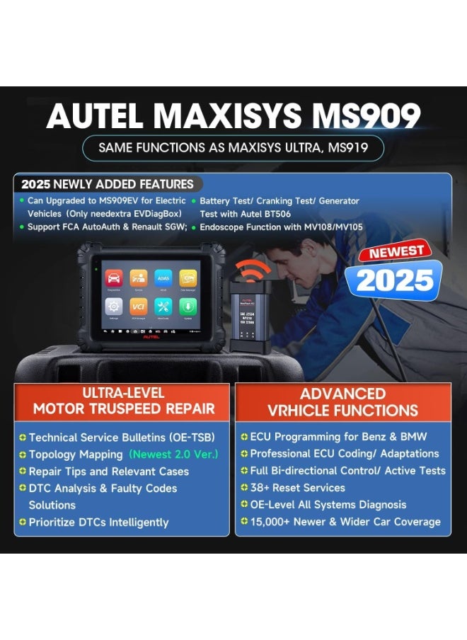 Autel - Autel MaxiSys MS909 Smart Diagnostics Tool, 2025 New Motor TruSpeed Same as MS919 MSUltra, TSB, Repair Tips, Topology 2.0, Up of Elite 2 PRO, ECU Programming/Coding, 40+ Service, 3K+ Active Tests - Image 1