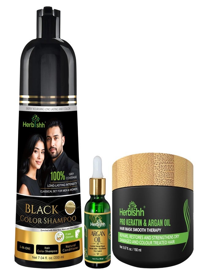 Herbishh Hair Color Shampoo Black Combo | 200 ml Dye Shampoo + Argan Oil & Argan Hair Mask for Dry & Frizzy Hair - Image 1