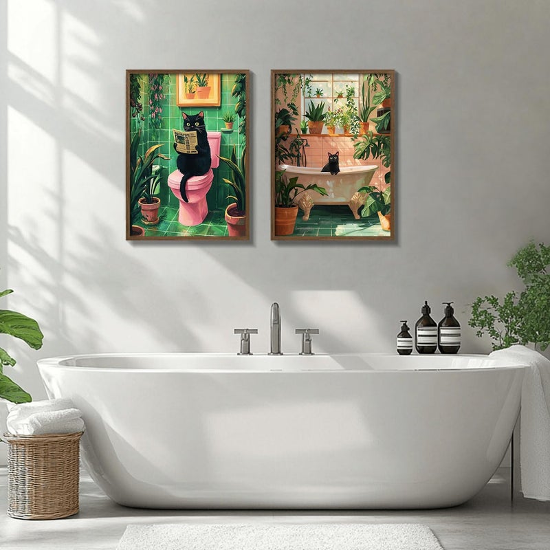 NCYEL 2 Pcs Wooden Framed Green Plant Bathroom Black Cat Wall Art Animal Bathroom Decor Painting Modern Canvas Prints Vintage Plant Poster Gallery Style Home Artwork 12X16Inch - Image 4