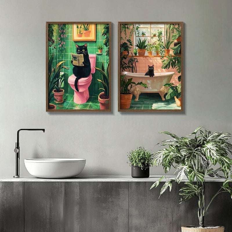 NCYEL 2 Pcs Wooden Framed Green Plant Bathroom Black Cat Wall Art Animal Bathroom Decor Painting Modern Canvas Prints Vintage Plant Poster Gallery Style Home Artwork 12X16Inch - Image 2
