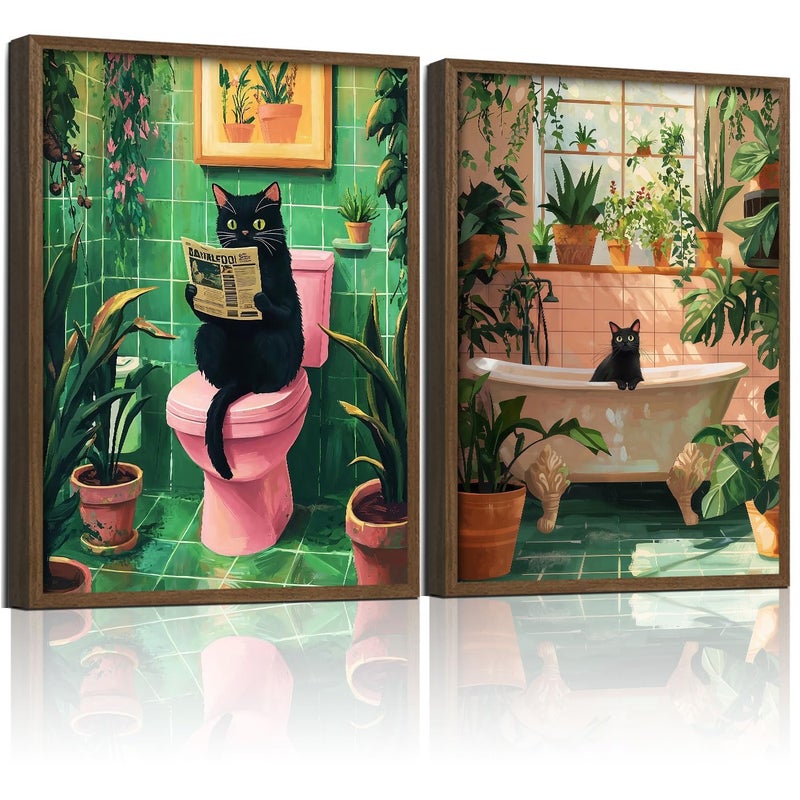 NCYEL 2 Pcs Wooden Framed Green Plant Bathroom Black Cat Wall Art Animal Bathroom Decor Painting Modern Canvas Prints Vintage Plant Poster Gallery Style Home Artwork 12X16Inch - Image 1