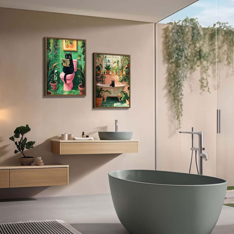NCYEL 2 Pcs Wooden Framed Green Plant Bathroom Black Cat Wall Art Animal Bathroom Decor Painting Modern Canvas Prints Vintage Plant Poster Gallery Style Home Artwork 12X16Inch - Image 5