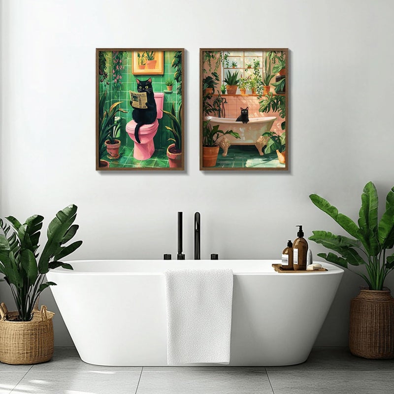 NCYEL 2 Pcs Wooden Framed Green Plant Bathroom Black Cat Wall Art Animal Bathroom Decor Painting Modern Canvas Prints Vintage Plant Poster Gallery Style Home Artwork 12X16Inch - Image 3