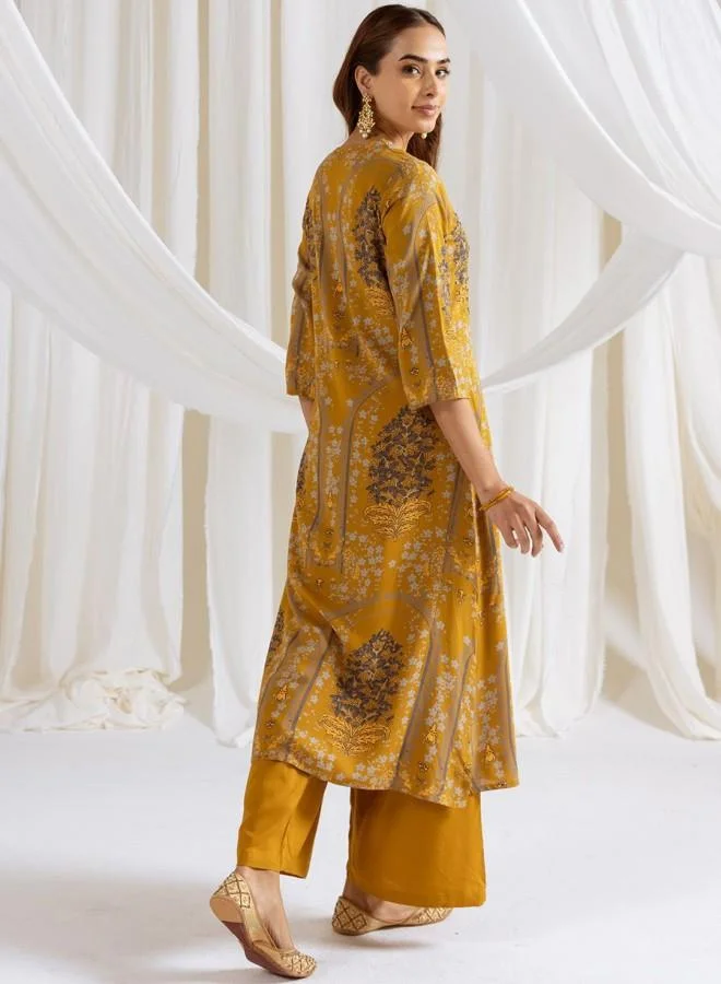 ISHIN Women'S Mustard Rayon Embroidered Tunic Full Length Palazzo Straight Fit Kurta Set