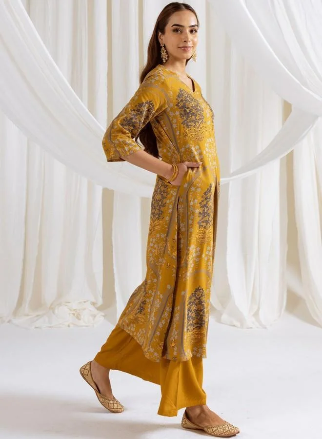 ISHIN Women'S Mustard Rayon Embroidered Tunic Full Length Palazzo Straight Fit Kurta Set