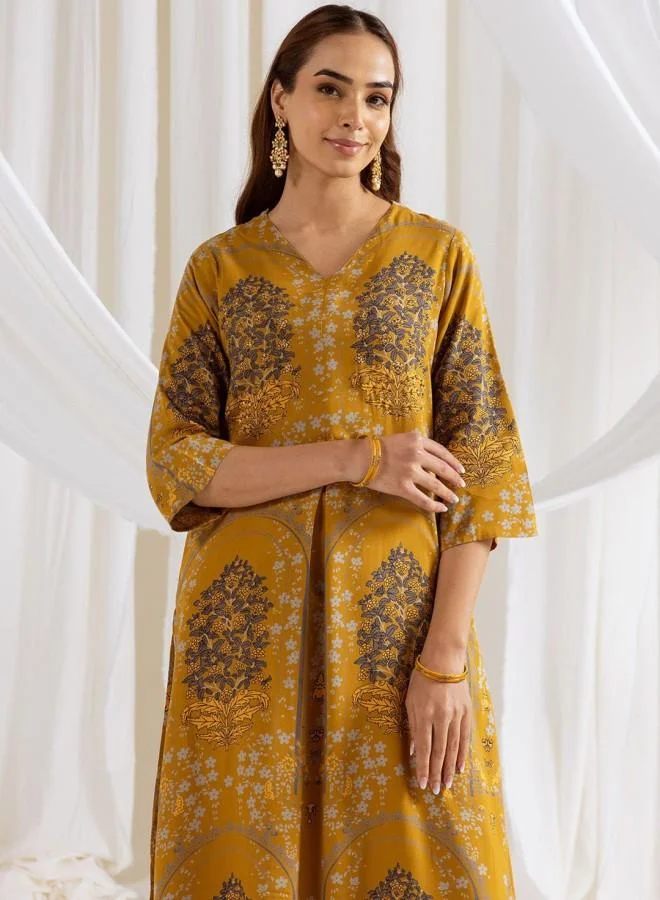 ISHIN Women'S Mustard Rayon Embroidered Tunic Full Length Palazzo Straight Fit Kurta Set
