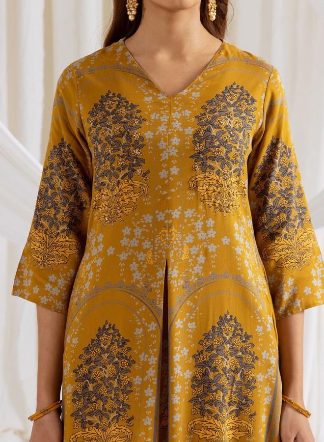 ISHIN Women'S Mustard Rayon Embroidered Tunic Full Length Palazzo Straight Fit Kurta Set - Image 2