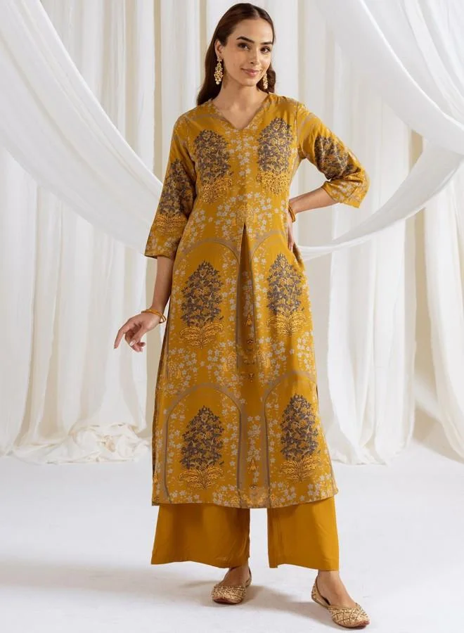 ISHIN Women'S Mustard Rayon Embroidered Tunic Full Length Palazzo Straight Fit Kurta Set