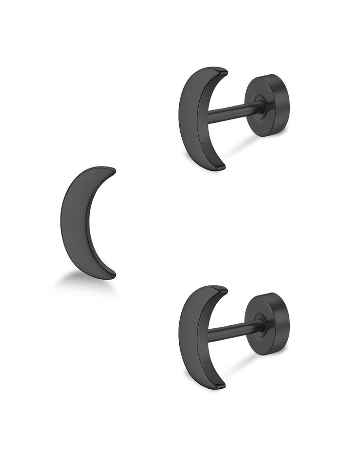 ZDE Women Flat Back Moon Earrings Non-Nickel Earrings Titanium Hypoallergenic Cartilage Earrings Stud for Sensitive Ears Simple Classic 5mm Flat Stud Earring, 5MM, Titanium, No Gemstone - Image 1