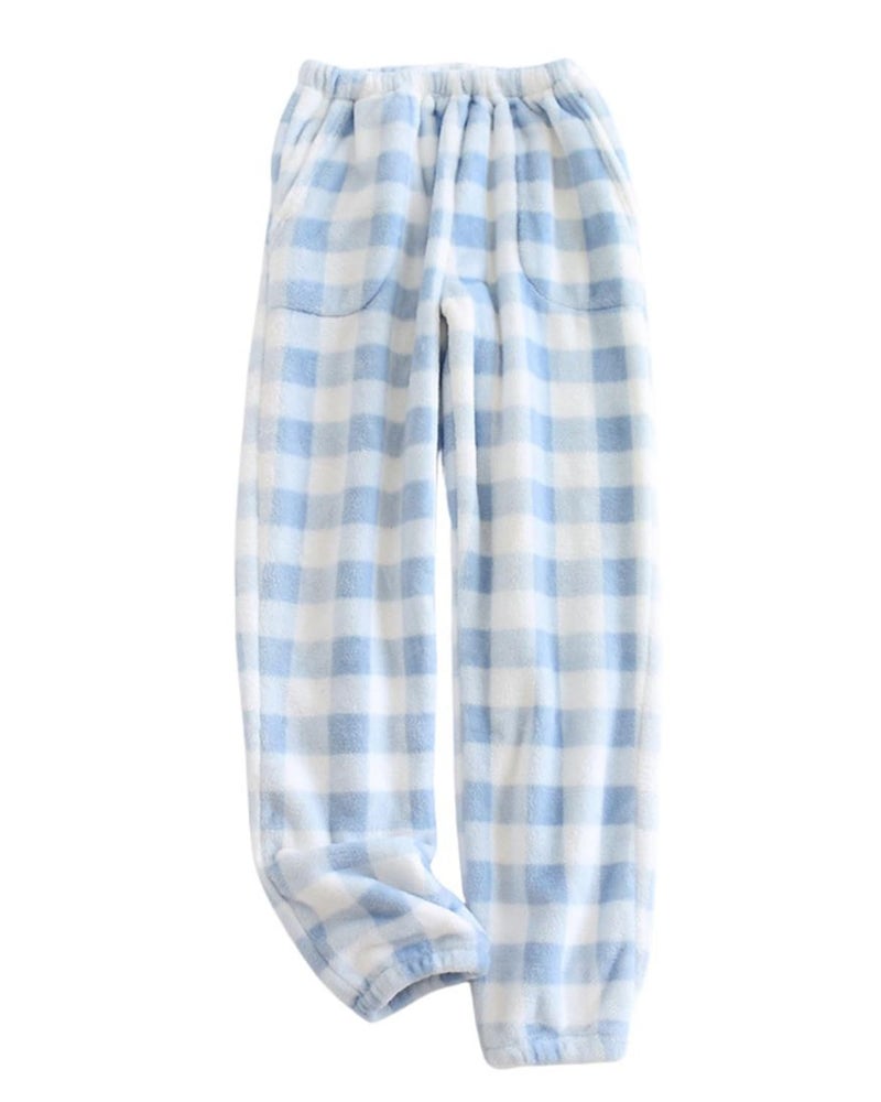 codcm Womens Plaid Fluffy Pajama Pants Fuzzy Fleece Cozy Lounge Pants with Pockets Winter Warm Pj Bottoms(Blue Close,Medium) - Image 1