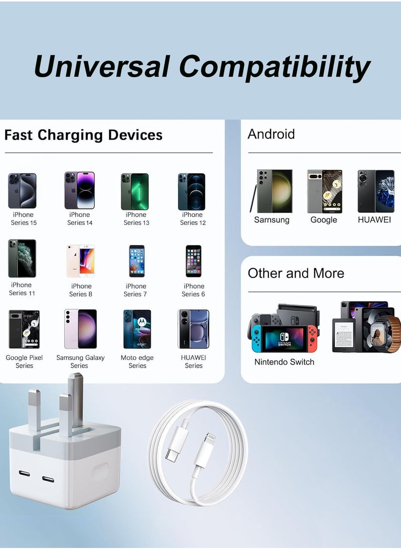شاحن سريع بقوة 35 وات لهاتف iPhone بمنفذين من النوع C مع كابل Lightning سريع بطول 1 متر، شاحن من النوع C بمقبس USB C قابل للطي متوافق مع iPhone 14/14Pro/14Pro Max/14 Plus/13Pro Max/13 Pro/13/12/11/XS iPad Mini 6/ iPad Pro الجديد