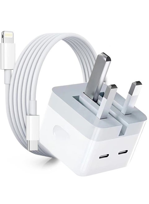 شاحن سريع بقوة 35 وات لهاتف iPhone بمنفذين من النوع C مع كابل Lightning سريع بطول 1 متر، شاحن من النوع C بمقبس USB C قابل للطي متوافق مع iPhone 14/14Pro/14Pro Max/14 Plus/13Pro Max/13 Pro/13/12/11/XS iPad Mini 6/ iPad Pro الجديد