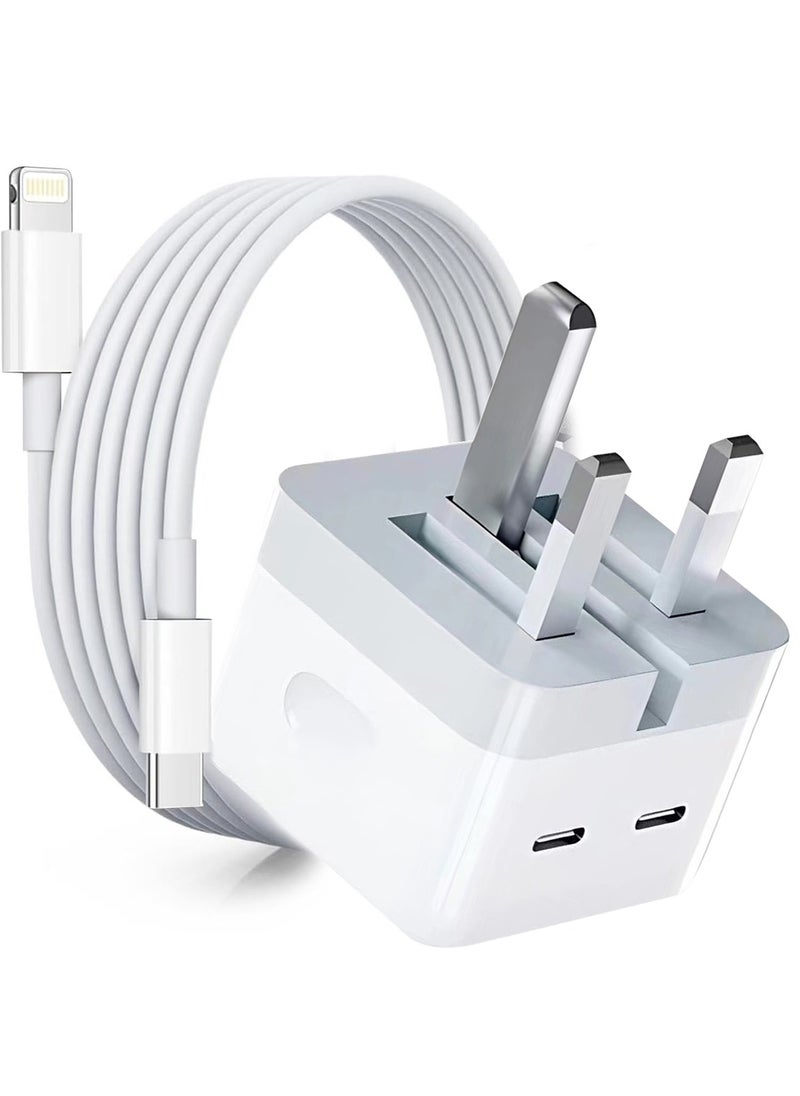 شاحن سريع بقوة 35 وات لهاتف iPhone بمنفذين من النوع C مع كابل Lightning سريع بطول 1 متر، شاحن من النوع C بمقبس USB C قابل للطي متوافق مع iPhone 14/14Pro/14Pro Max/14 Plus/13Pro Max/13 Pro/13/12/11/XS iPad Mini 6/ iPad Pro الجديد