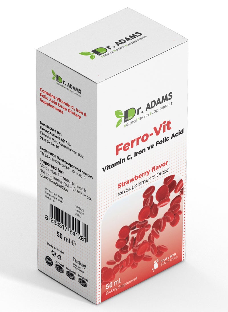 نيوتراست للمكملات الصحية الطبيعية قطرات Dr. Adams Ferro-Vit، حديد (جلوكونات الحديد) + فيتامين C + حمض الفوليك، نكهة الفراولة، 50 مل - Image 1
