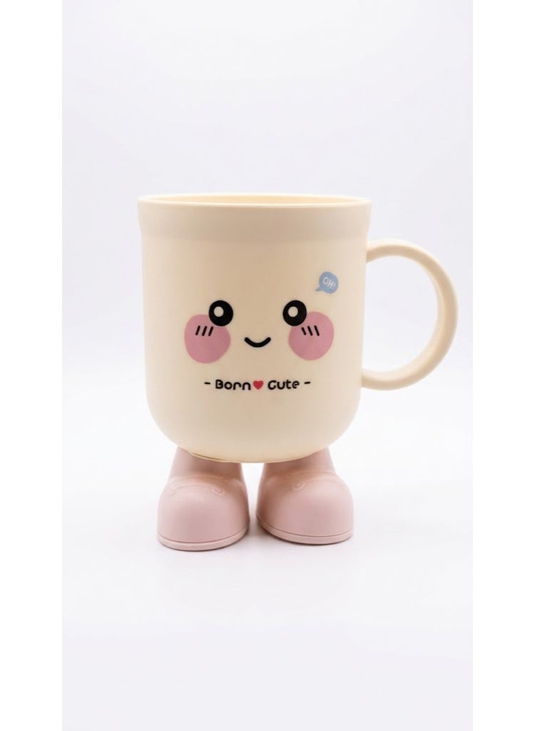 Kids Plastic Mug with Handle and Cute 3D Standing Feet Design - Cream & Pink.