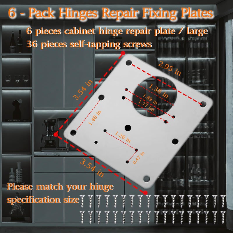 VUTHLRV 6 Pack Cabinet Door Hinge Repair Plates, Metal Cabinet Hinge Repair Replacement Kit, Cabinet Hinge Repair Brackets, Hinges Repair Fixing Plates with Screw for Kitchen Cupboard Door Locker Cabinet Door - Image 4