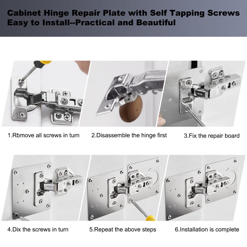 VUTHLRV 6 Pack Cabinet Door Hinge Repair Plates, Metal Cabinet Hinge Repair Replacement Kit, Cabinet Hinge Repair Brackets, Hinges Repair Fixing Plates with Screw for Kitchen Cupboard Door Locker Cabinet Door - Image 2