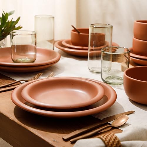 Bloomhouse Corsica Clay 12 Piece Stoneware Rustic Reactive Glaze Dinnerware Set - Stackable Plates and Bowls Set. Service for 4 - Matte Burnt Apricot Terracotta - Image 2