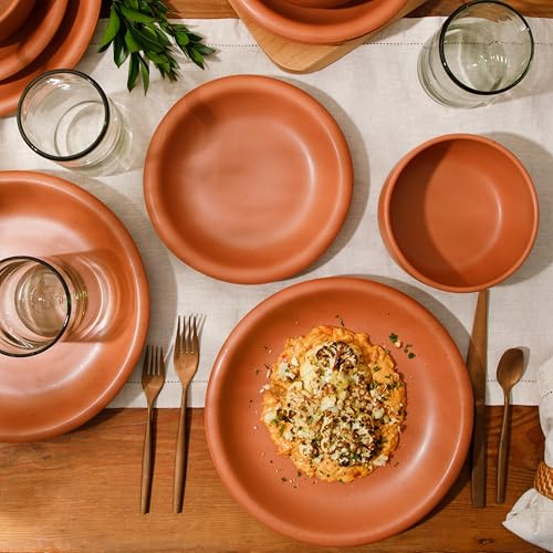 Bloomhouse Corsica Clay 12 Piece Stoneware Rustic Reactive Glaze Dinnerware Set - Stackable Plates and Bowls Set. Service for 4 - Matte Burnt Apricot Terracotta - Image 3