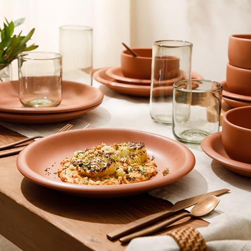 Bloomhouse Corsica Clay 12 Piece Stoneware Rustic Reactive Glaze Dinnerware Set - Stackable Plates and Bowls Set. Service for 4 - Matte Burnt Apricot Terracotta - Image 4