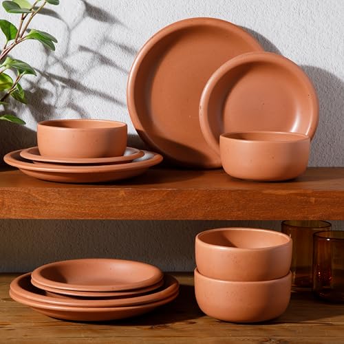 Bloomhouse Corsica Clay 12 Piece Stoneware Rustic Reactive Glaze Dinnerware Set - Stackable Plates and Bowls Set. Service for 4 - Matte Burnt Apricot Terracotta - Image 5