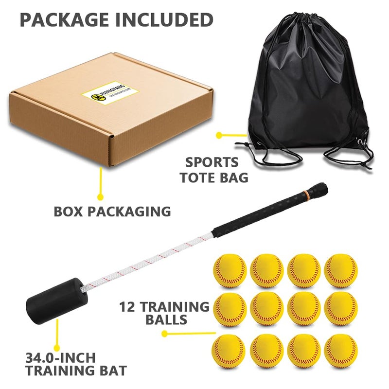 JUJINGYANG Baseball & Softball Swing Trainer Bat - Batting Practice Equipment - Includes Rope Swing Training Bat with 12 Training Balls & Tote Bag, Training Tool, Batting Aid - Image 2