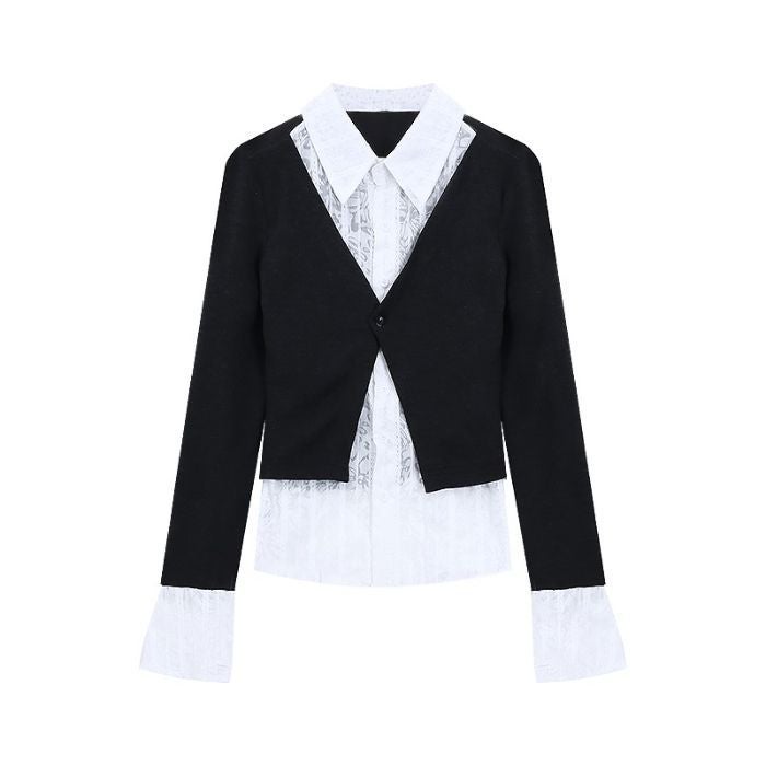 [Original Practice] Temperament Shoulder Fake Two-piece Shirt Womens Autumn and Winter Stitching Long Sleeve Shirt Tight Waist Slim Top Black fake two pieces
