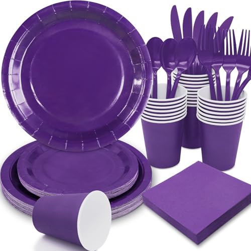 Gudvilla Purple Paper Plates Party Supplies,168pcs Purple Plates and Cups and Napkins Set for Mardi Gras Birthday Decorations Disposable Dinnerware Sets for Women Serve 24 - Image 1