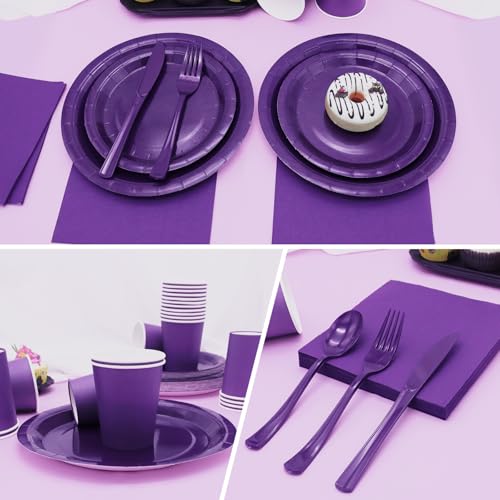 Gudvilla Purple Paper Plates Party Supplies,168pcs Purple Plates and Cups and Napkins Set for Mardi Gras Birthday Decorations Disposable Dinnerware Sets for Women Serve 24 - Image 4