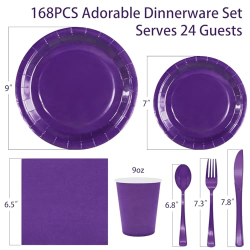 Gudvilla Purple Paper Plates Party Supplies,168pcs Purple Plates and Cups and Napkins Set for Mardi Gras Birthday Decorations Disposable Dinnerware Sets for Women Serve 24 - Image 2