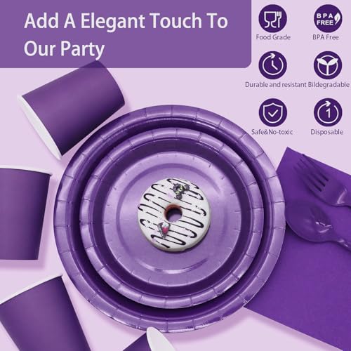 Gudvilla Purple Paper Plates Party Supplies,168pcs Purple Plates and Cups and Napkins Set for Mardi Gras Birthday Decorations Disposable Dinnerware Sets for Women Serve 24 - Image 3