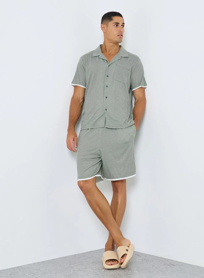 ستايلي Styli Men Green Checked Print Knit Shirt and Shorts Set