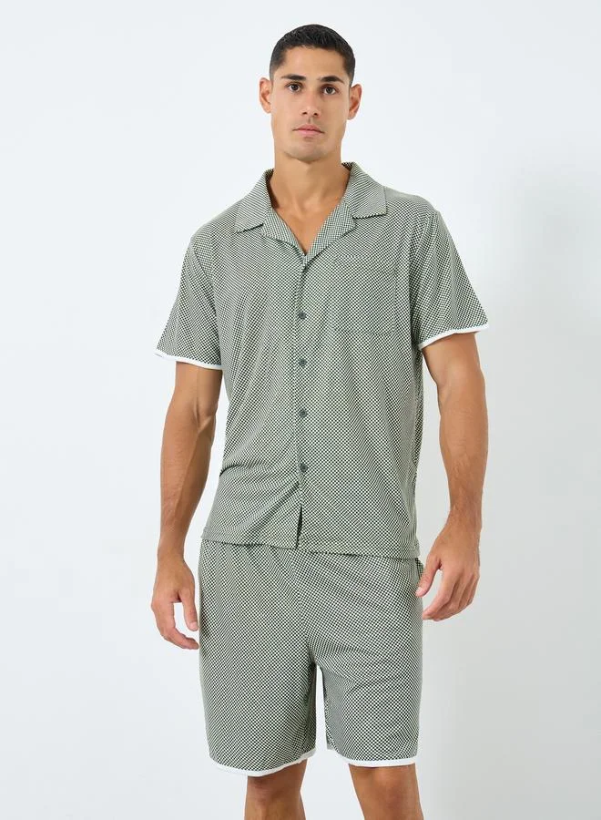ستايلي Styli Men Green Checked Print Knit Shirt and Shorts Set