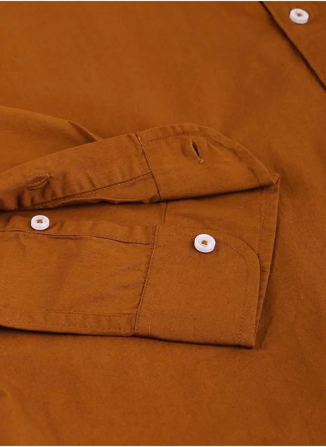 دينيس لينغو Men's Slim Fit Solid Brown Casual Spread Collar Shirt - 100% Cotton