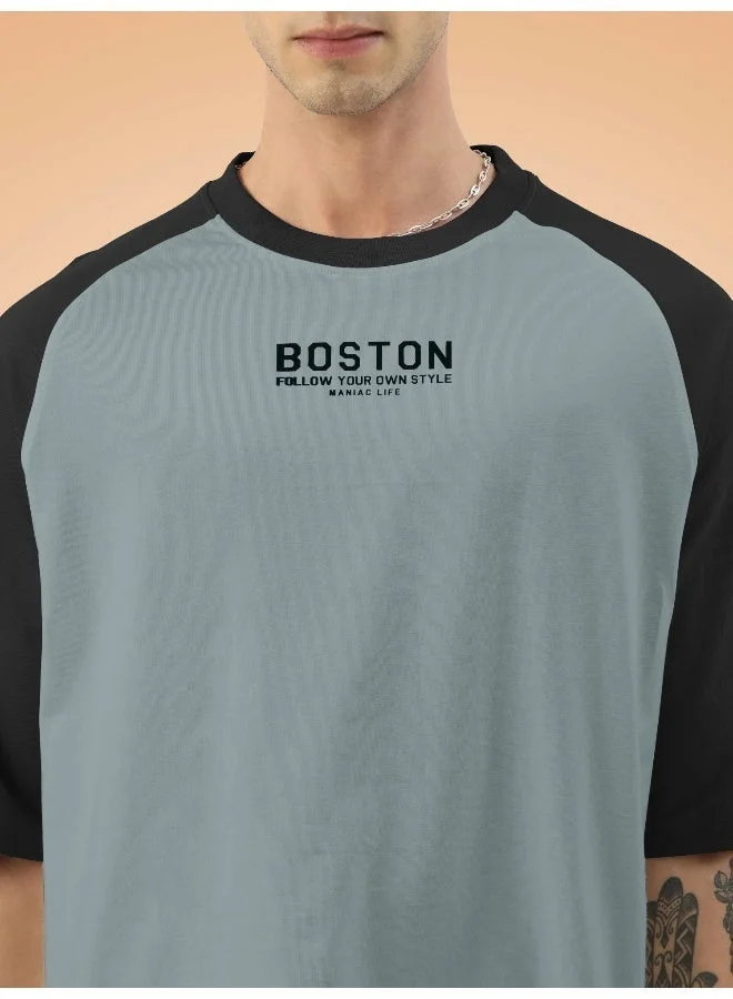 Maniac Maniac Mens Printed Round Neck raglan Half Sleeve Light Grey and Black Cotton Oversized Tshirt