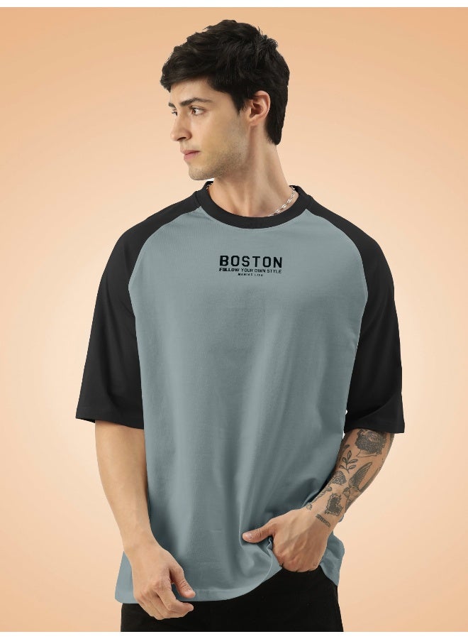 مانياك تيشيرت رجالي قطن أوفرسايز بطباعة، ياقة دائرية، أكمام راجلان 3/4، رمادي فاتح وأسود - Image 1