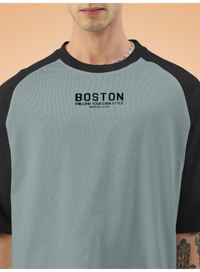 مانياك تيشيرت رجالي قطن أوفرسايز بطباعة، ياقة دائرية، أكمام راجلان 3/4، رمادي فاتح وأسود - Image 2