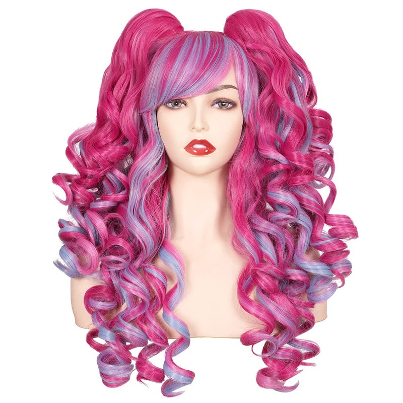 ColorGround Long Curly Cosplay Wig with 2 Ponytails Hot PinkPinkBlue