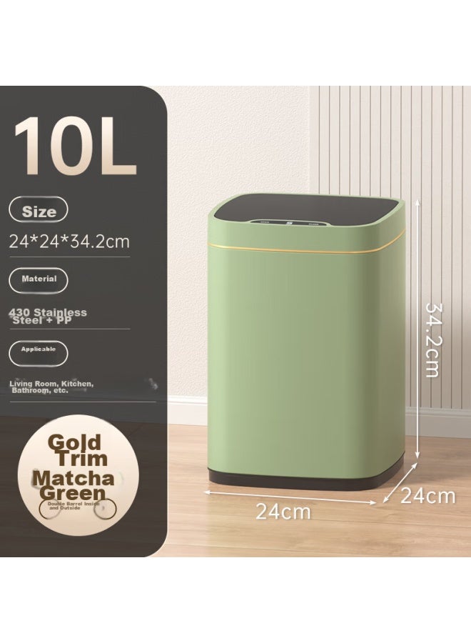 Bobo Stainless Steel Smart Sensor Trash Can, Electric, For Home Kitchen Living Room Bedroom, With Lid, 8829, Matcha Green, Gold, 10l - Image 1
