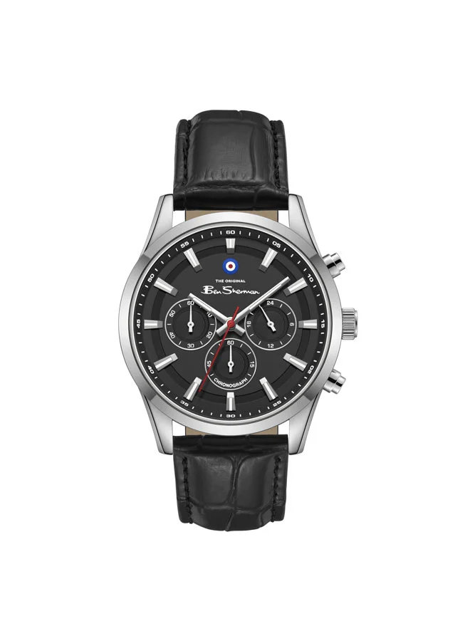 بين شيرمان Cambridge Black Dial Black Genuine Leather Strap Chronograph Watch for Men, 42mm