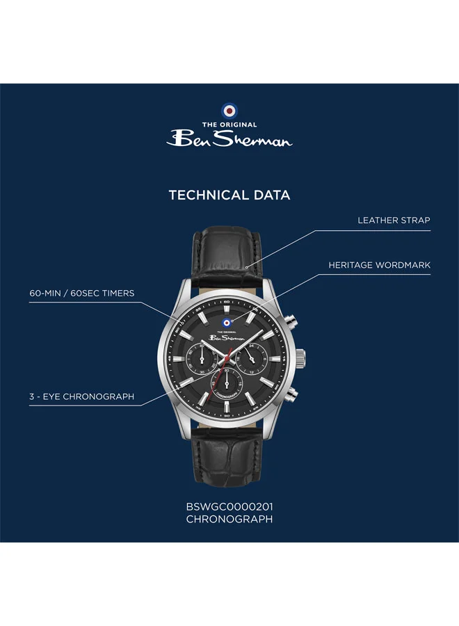 Ben Sherman Black - Silver Case Cambridge Black Dial Black Genuine Leather Strap Chronograph Watch for Men, 42mm for Men | Best Price UAE
