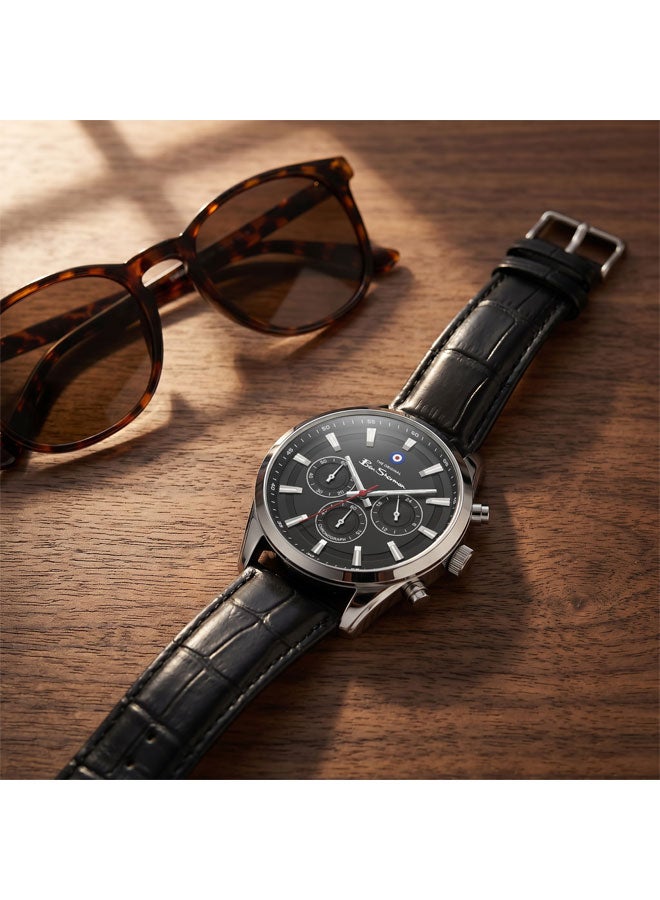 Ben Sherman Cambridge Black Dial Black Genuine Leather Strap Chronograph Watch for Men, 42mm - Image 4