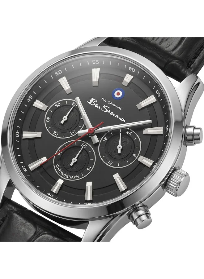 بين شيرمان Cambridge Black Dial Black Genuine Leather Strap Chronograph Watch for Men, 42mm