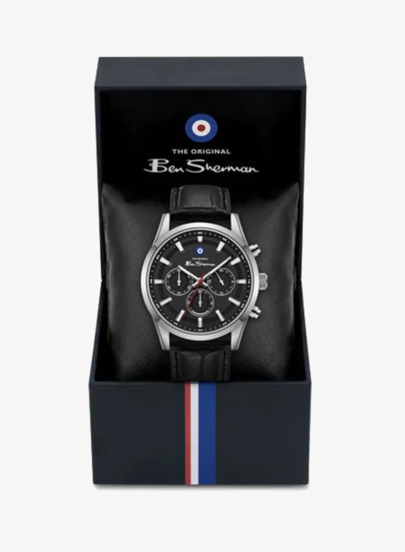 Ben Sherman Black - Silver Case Cambridge Black Dial Black Genuine Leather Strap Chronograph Watch for Men, 42mm for Men | Best Price UAE
