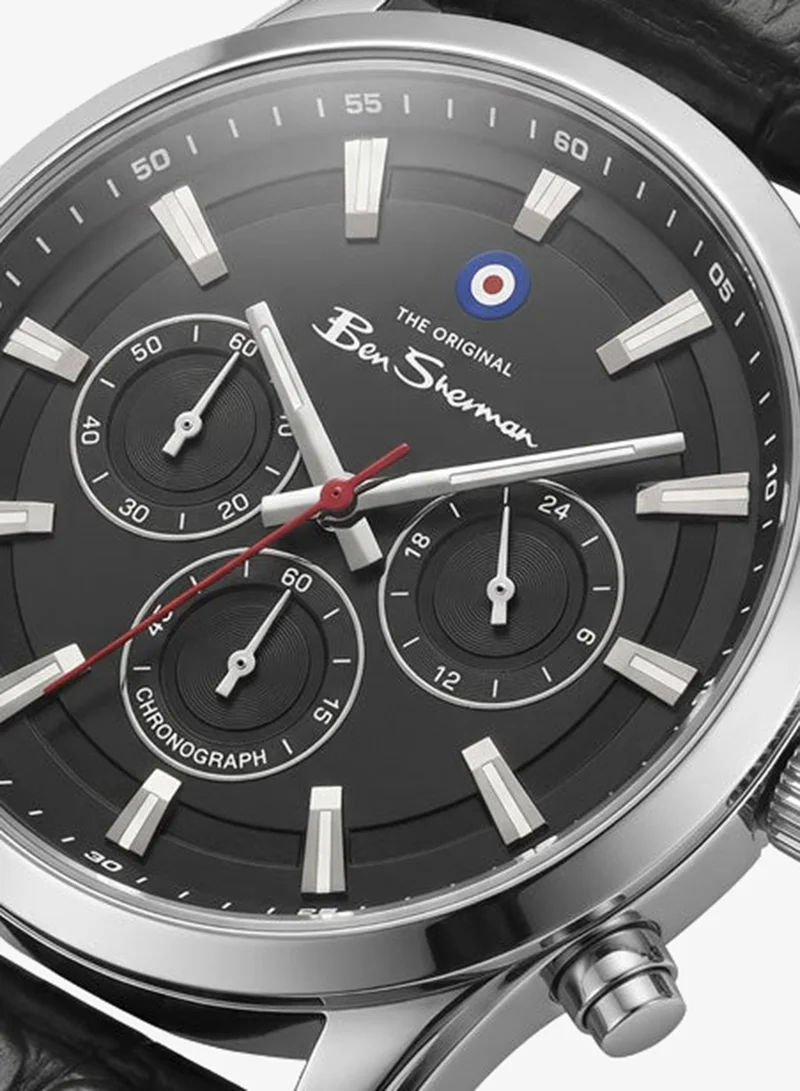 Ben Sherman Cambridge Black Dial Black Genuine Leather Strap Chronograph Watch for Men, 42mm