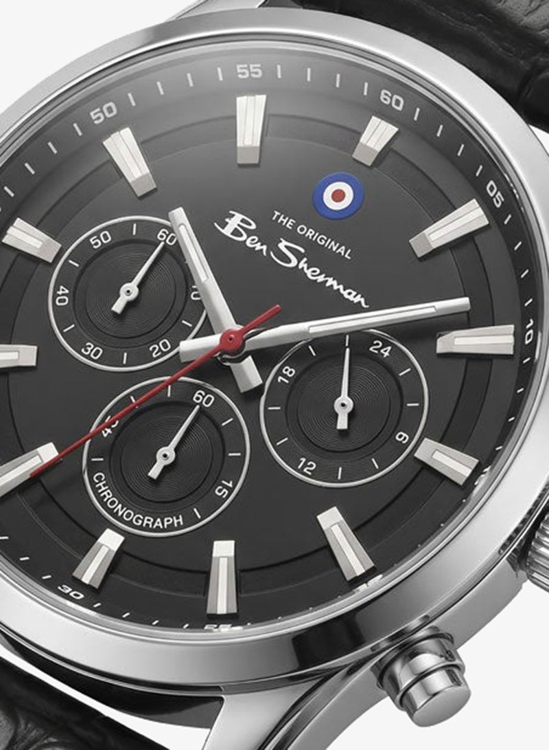Ben Sherman Cambridge Black Dial Black Genuine Leather Strap Chronograph Watch for Men, 42mm - Image 2
